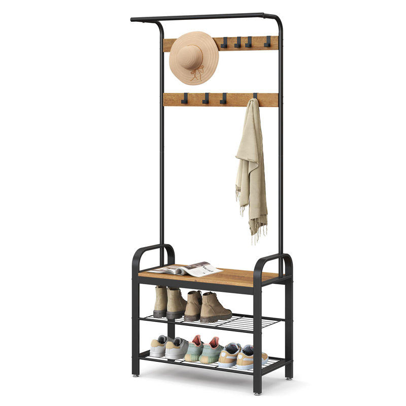 Hall Tree 28.3'' Wide with Bench and Shoe Storage, Rustic Walnut/Black