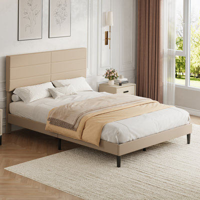 Queen Size Upholstered Platform Bed with Adjustable Headboard, Linen Fabric Frame and Wood Slat Support, Noise-Free Design for Modern Bedrooms