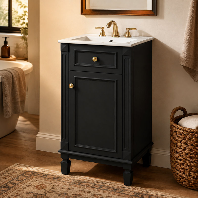 Meuble-lavabo de style français de 45,9 cm (18,05 po) avec lavabo en céramique, porte à fermeture amortie, tablette réglable, noir, autoportant