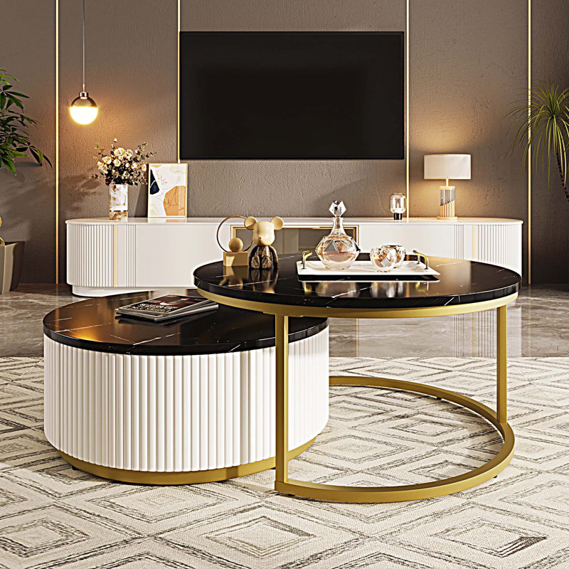 Table basse gigogne moderne avec tiroir, Noir, H 15,7 po x L 31,5 po x l 31,5 po