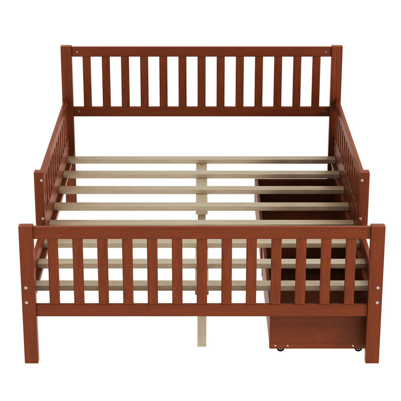Lit plateforme double en bois pleine grandeur en noyer avec garde-corps et deux tiroirs de rangement, structure, 8 lattes pour un équilibre des couleurs de style classique, uniformément espacées