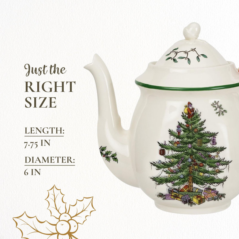 Spode Christmas Tree Candy Cane Teapot, 32 Oz - Festive Holiday Serveware