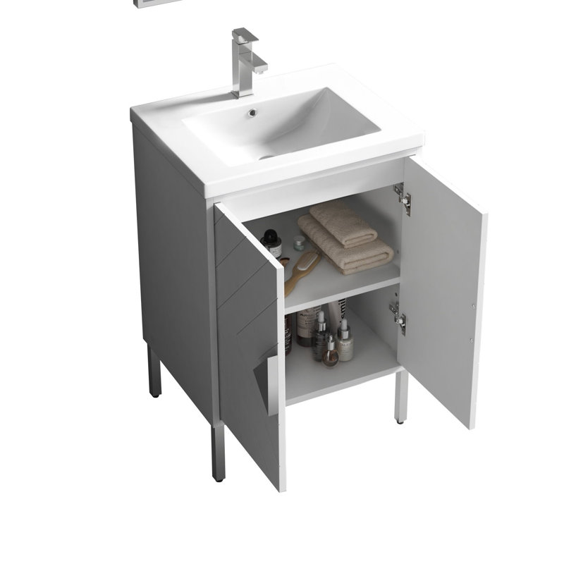 Meuble-lavabo moderne autoportant blanc Eileen de 24 pouces de marque Tennant, lavabo simple, dessus en composite acrylique, entièrement assemblé