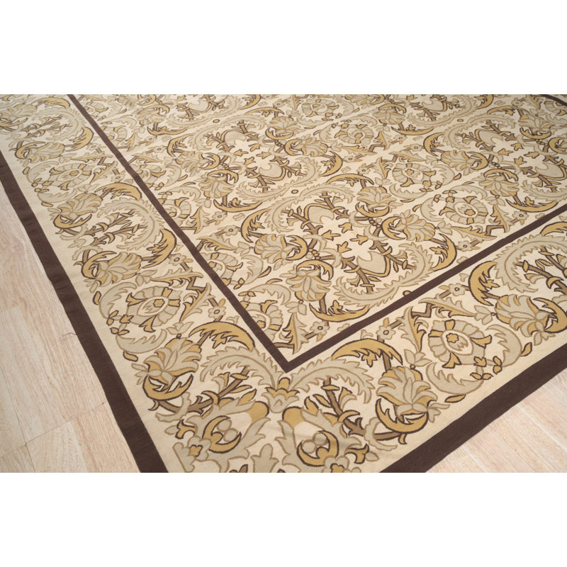 Tapis vintage à tissage plat rétro Aubusson beige 9 pi 0 po x 12 pi 0 po Renaissance