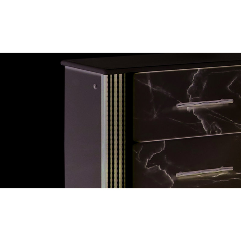 Armoire de chevet moderne avec blanc pour la chambre à coucher, tiroir d'inspiration marbre, deux tiroirs, éclairage latéral à DEL et rangement à garniture métallique