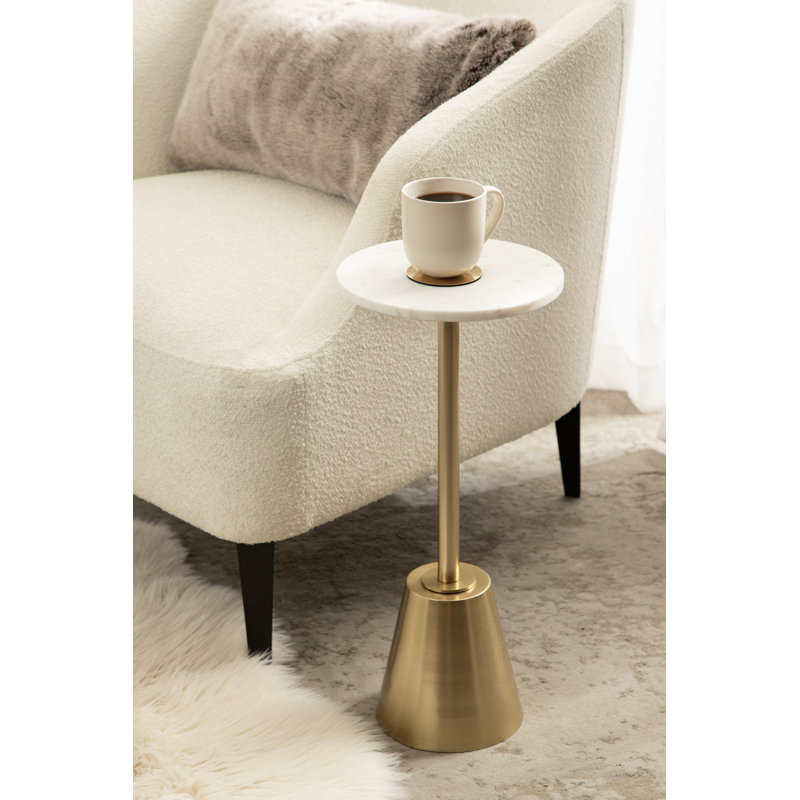 Round Marble and Metal Drink Table, Gold, White, 22" H x 10" W x 10" D         