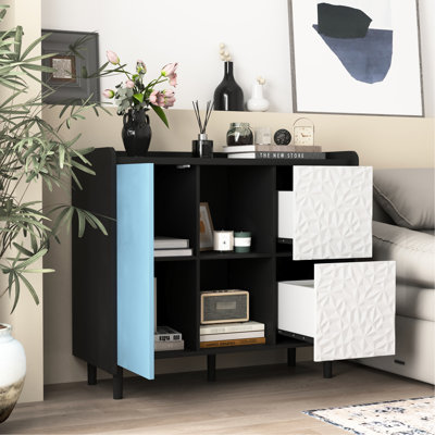 Armoire noire avec portes rouges et 2 tiroirs, buffet pour la cuisine et la salle à manger, rangement supplémentaire, fabriqué en rouge, cuisine spacieuse avec tiroirs, espace de vie, matériau