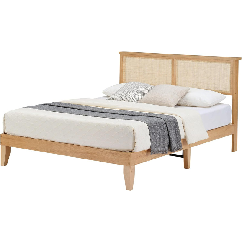 Structure de lit moderne en rotin avec tête de lit à tissage carré, panneau de fibres à densité moyenne et plateforme en bois, aucun sommier nécessaire, conception élégante