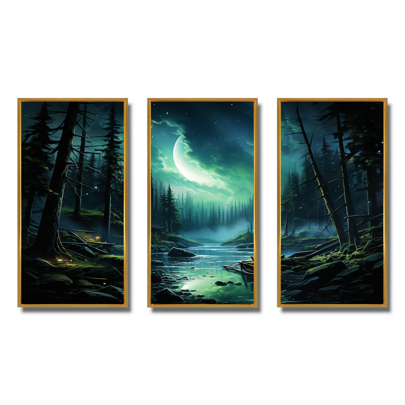 Northern Lights Forest Dreams II - Forest And River Wall Art, 28" H x 36" W, Gold Floater Framed