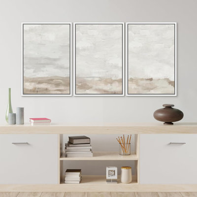 Minimal Landscape "Muted Soft Tranquil Horizon Artwork, Neutral Minimalist Abstract Wall Pictures, Framed Canvas Giclée Print 3 Pieces Wall Art" 16"x24"x3 pcs, 24"x36"x3 pcs
