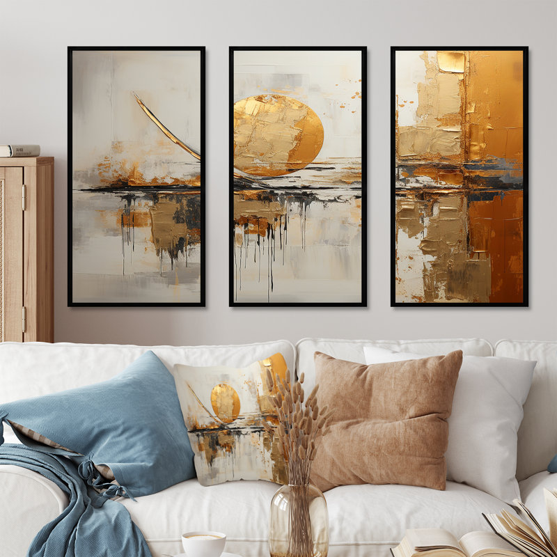 Or et beige Renaissance Rhythms - Formes abstraites, art mural sur toile, Cadre flottant noir, H 32 po x l 48 po x P 1 po