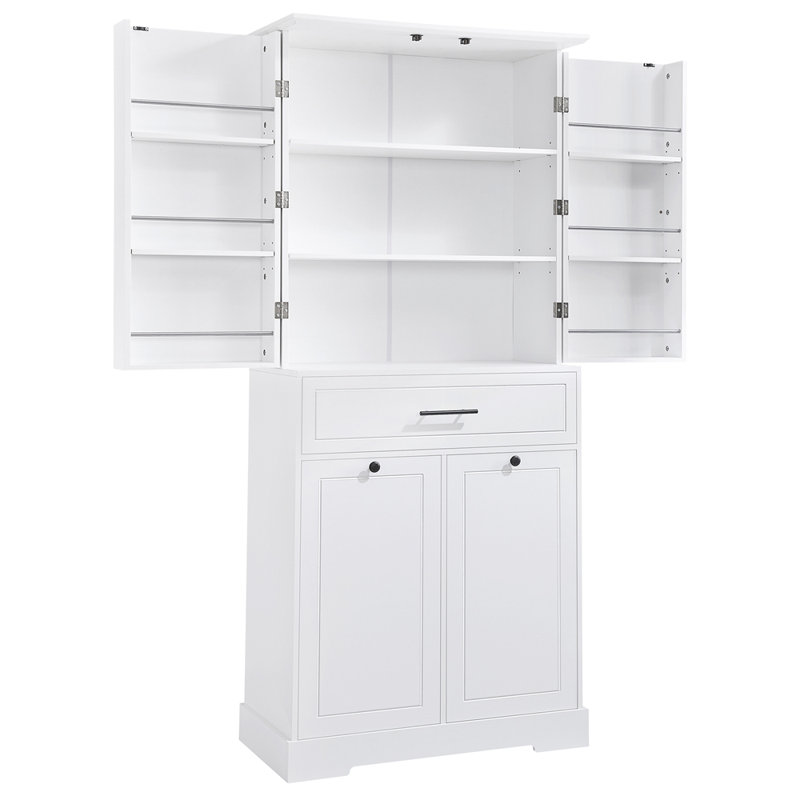Armoire de rangement autoportante avec portes et tiroirs, panier à linge inclinable, tablette réglable, plusieurs espaces de rangement, blanc