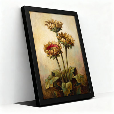 Tableau sur toile représentant trois fleurs dorées aux pétales rouges et aux feuilles vertes