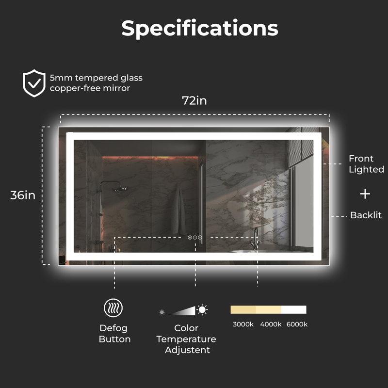 Miroir de salle de bain sans cadre à DEL, 36 po x 96 po