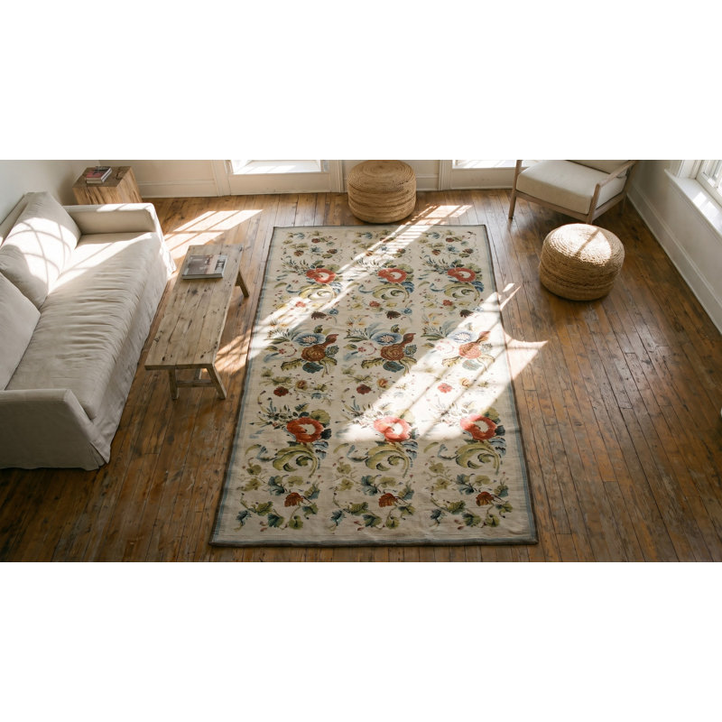 Antique Ivory European Floral Pattern English Victorian Needlepoint Carpet