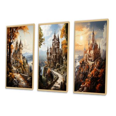 «Castles Majestic Fortress Golden», 3 pièces sur toile