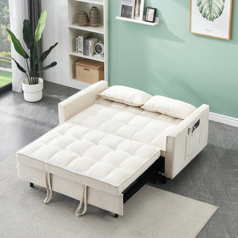 Modern 55" 3-in-1 couch folding sofa bed with two lumbar pillows for living room and office, Beige Velvet