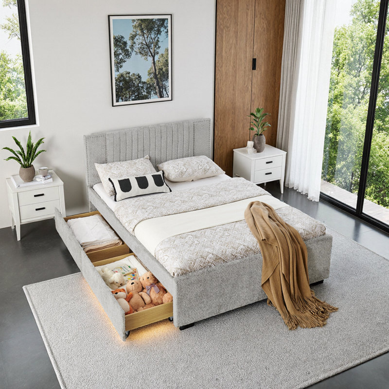 Lit de jour UNANI rembourré avec couchette et tiroirs de rangement, tissu chenille, Full, Grey