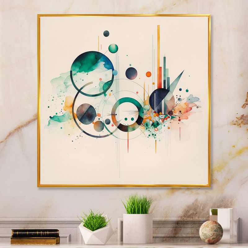 Art géométrique multicolore aquarelle II - peinture sur toile, H 24 po x l 24 po x P 1 po, Toile avec cadre flottant or