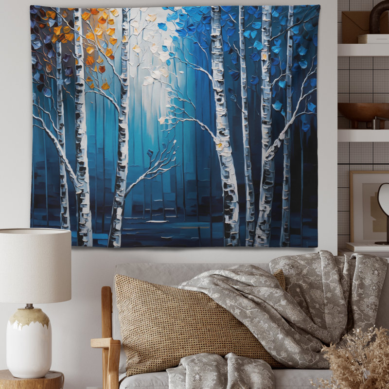 Tapisserie en polyester bleu avec des punaises, H 32 po x l 39 po