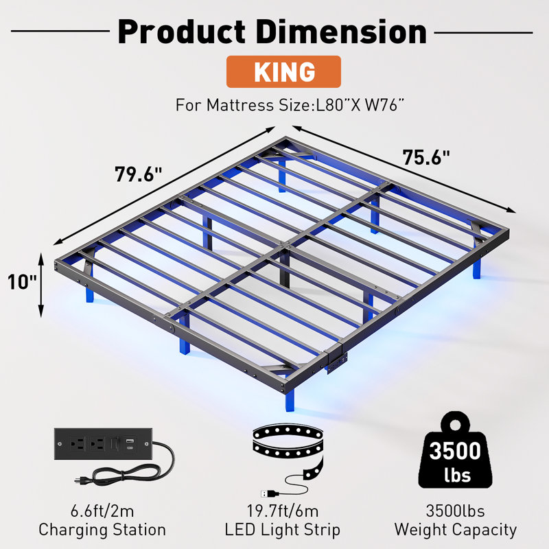 Cyndra 10'' King Size Bed Frame with LED Lights, Remote Control and Charging Station, No Boxspring Needed, King, 10"