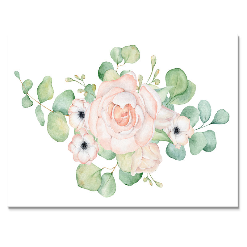 Fleurs et bouquet de feuilles d'eucalyptus II - Peinture sur toile, Toile tendue, H 12 po x l 20 po x P 1 po