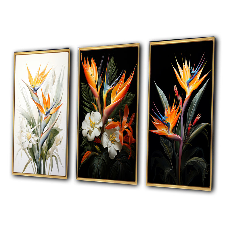 «Birds Of Paradise Paradise», 3 pièces, H 28 po x l 36 po, Encadrement doré
