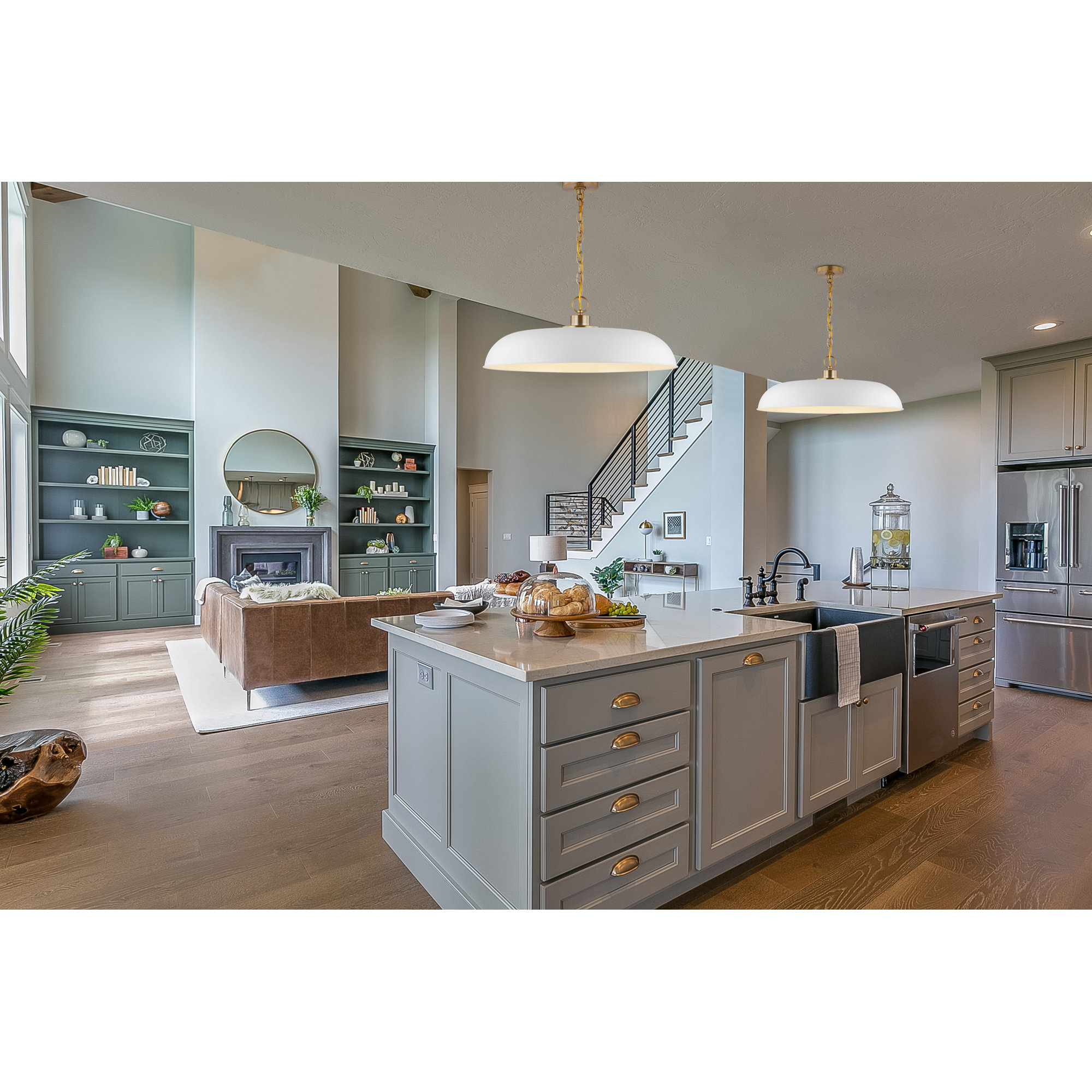 Eddy Single Light Metal Dimmable Pendant, 8" H x 24" W x 24" D, Matte White/Burnished Brass