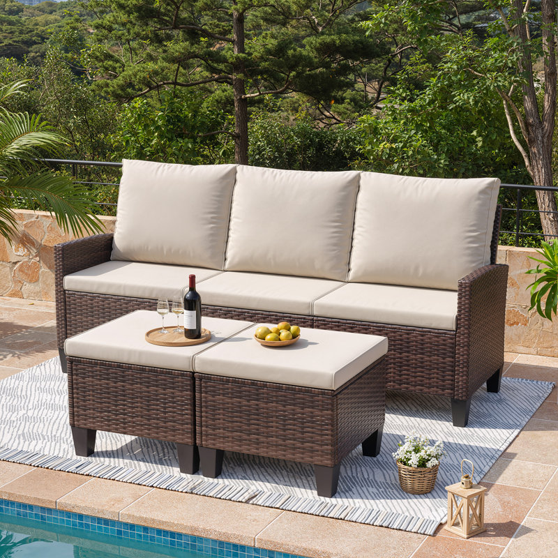 Ensemble de conversation modulaire en osier avec repose-pieds pour 3 personnes, Crème, Brun