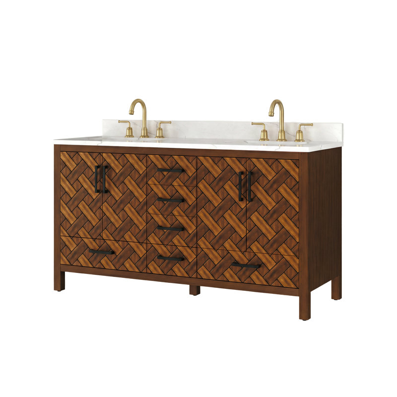 Meuble-lavabo double 60 po entièrement assemblé avec structure en bois massif, prise homologuée UL et tiroirs à fermeture en douceur