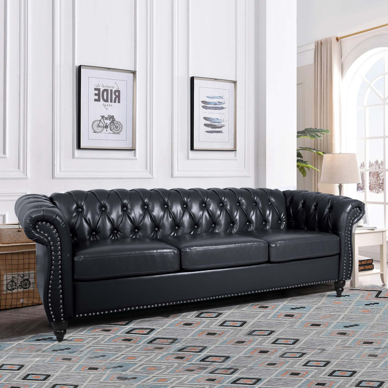 Canapé Chesterfield 83,85 po Deaneen, Similicuir noir
