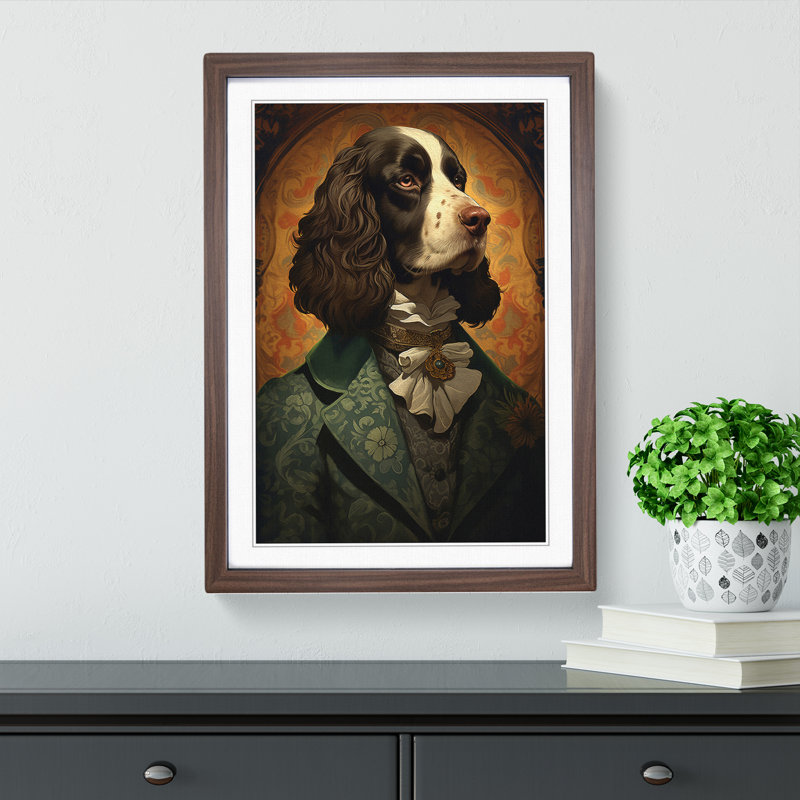 English Springer Spaniel Nouveau - Single Picture Frame Print on Wood, Walnut Framed, 34cm H x 25cm W