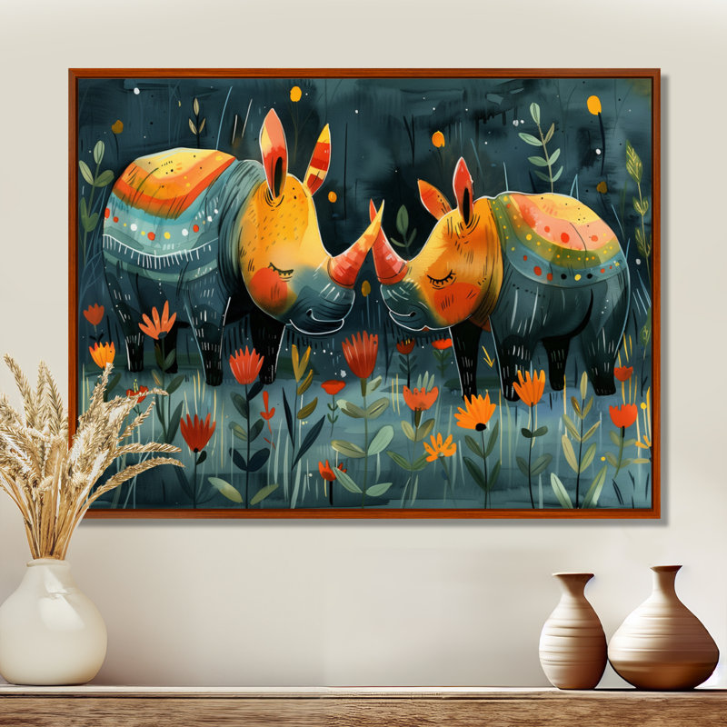 Terrina - Rhinocéros, art mural animal, Cadre flottant brun, H 30 po x l 40 po