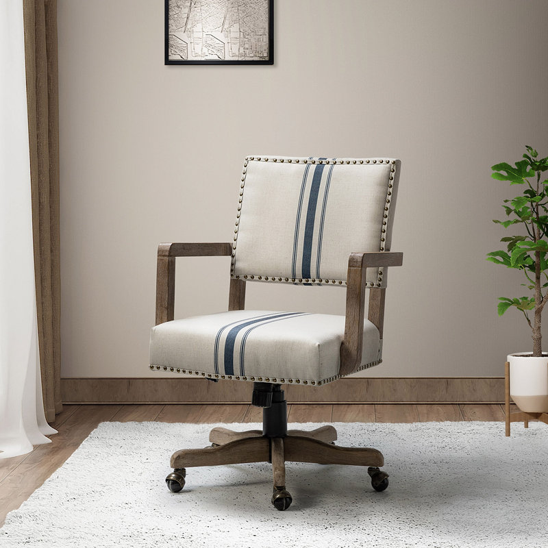 Bromley Farmhouse 24" W Linen Task Chair with Solid Wood Arm and Nailhead Trim, Navy Striped