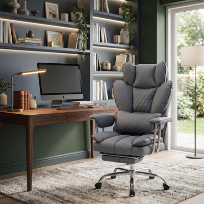 Grande et grande chaise de bureau avec coussin à ressorts ensachés, chaise de bureau ergonomique à haut dossier pour le bureau personnel, siège rembourré épais, accoudoirs réglables et soutien lombaire, avec repose-pieds, similicuir