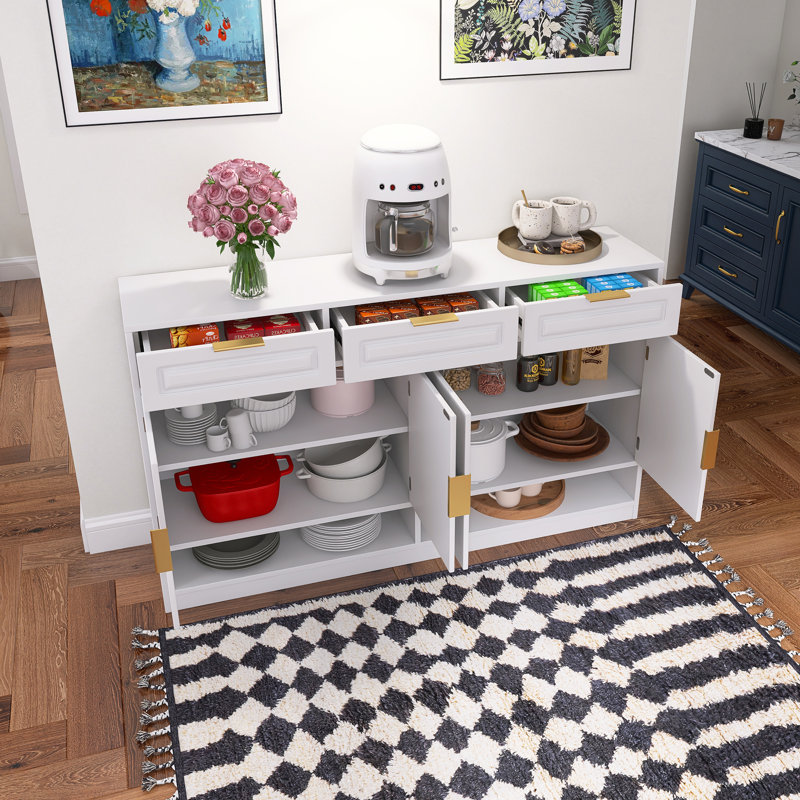 Farmhouse Sideboard With 3 Drawers & 4 Doors,59.1" Multi-Functional Storage Buffet With Adjustable Shelf And Open Storage Compartments,White