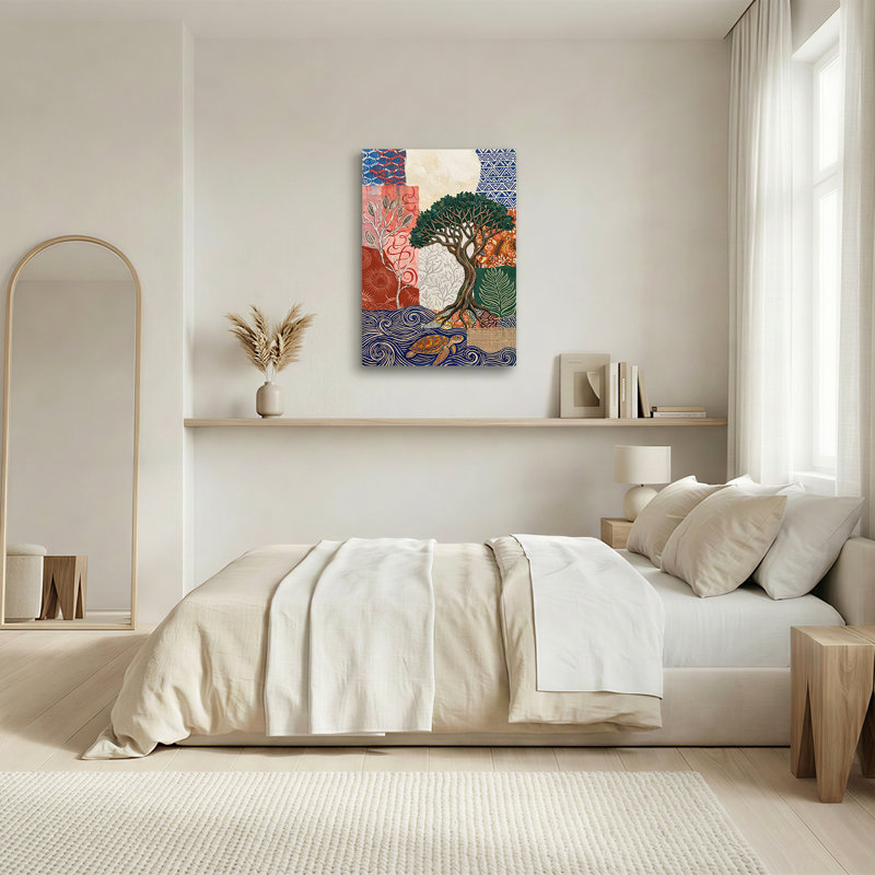 Arbre vert et tortue de mer nageant dans des vagues bleues, art mural, H 24 po x l 18 po