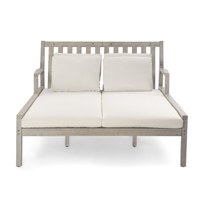 Lit de jour double pour l'extérieur, structure en bois d'acacia avec 4 coussins et 4 coussins, dossier ergonomique, capacité de 800 lb, gris
