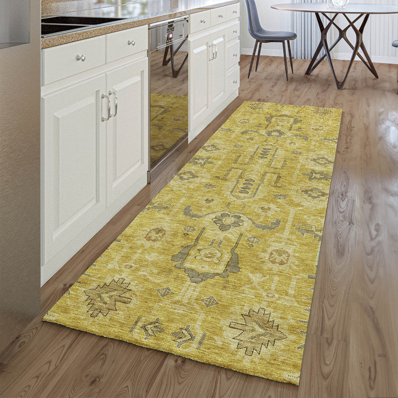Tapis doré Prisco lavable à la machine de qualité supérieure, Tapis de couloir 2 pi 3 po x 7 pi 6 po