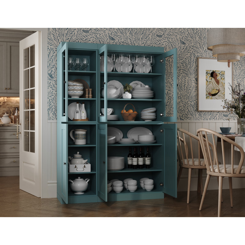 Vaisselier 100% bois massif 48,5 po avec portes Shaker, verre transparent et tablettes réglables Palace Imports, Bleu aqua