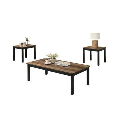 Contemporary Style 3Pc Table Set 1X Coffee Table 2X End Table Faux Marble Top Wooden Legs Brown Finish Primary Living Room (Only Including Table)