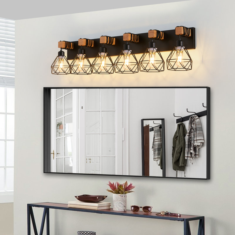 Luminaire de meuble-lavabo noir avec détails en bois et abat-jour en métal, 6, Noir