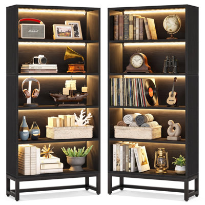 70.9”H × 31.5”L Open 5-Tier Bookcase with LED Light, Set of 2