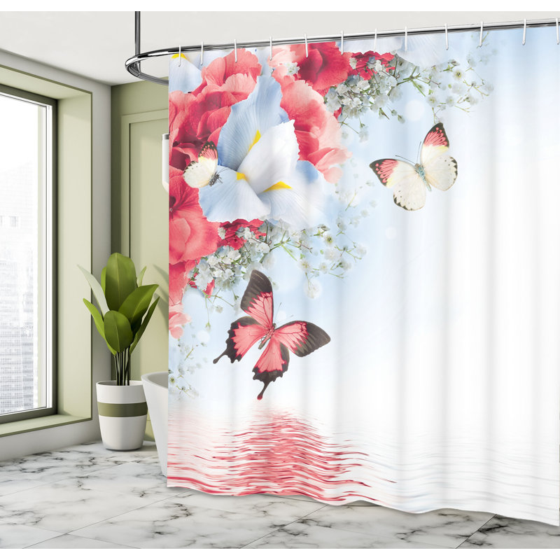 Ensemble de rideau de douche floral et crochets, Corail foncé, H 70 po x l 69 po