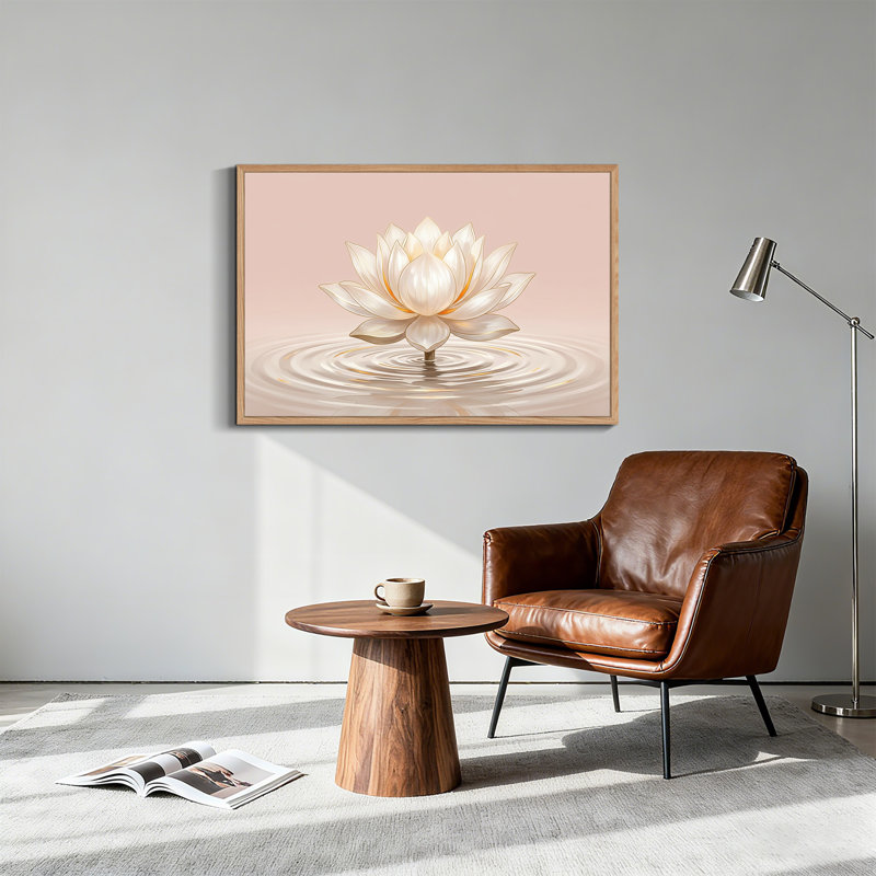 Tableau sur toile représentant une fleur de lotus blanche flottant sur les ondulations de l'eau, H 32 po x l 48 po