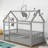 Twin Size Floor Wooden Bed With House Roof Frame, Fence Guardrails,Grey-1493820008-1493820009