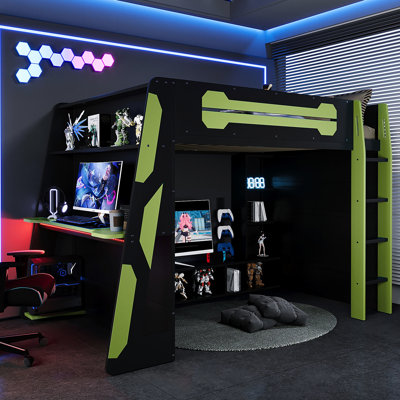 Full Size Wood Loft Bed For Gaming And Work, Featuring Ambient Lighting, Desk Organized Storage, 199 Lbs Overall, 6+ Suitable 110Lbs Capacity, 93.3 X 55.6 65