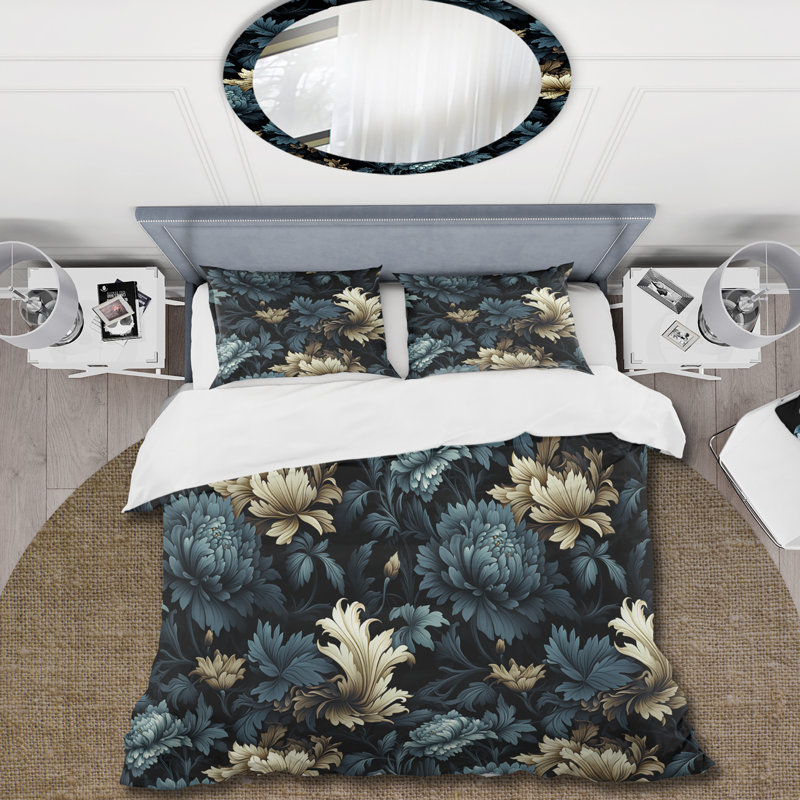Ensemble de housse de couette damassé Glamour VII bleu foncé et doré, Housse de couette simple + 1 taie décorative stan