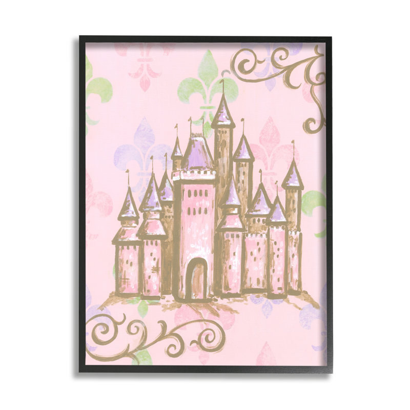 Château avec fleur de lis sur fond rose, Giclée encadrée noir minuit, H 30 po x l 24 po
