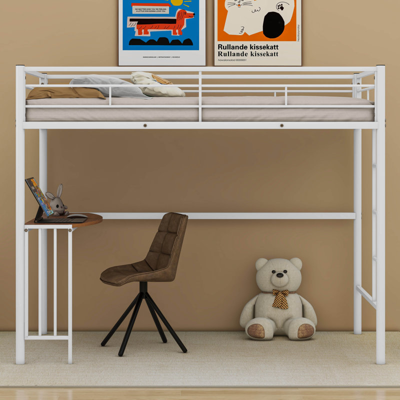 Twin Metal Loft Bed With Desk, Ladder And Guardrails, White